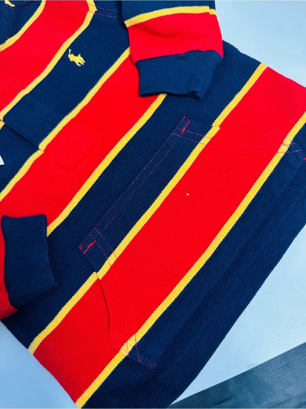 Ralph Lauren Hooded Polo Sweater in Red, Navy & Yellow Stripe